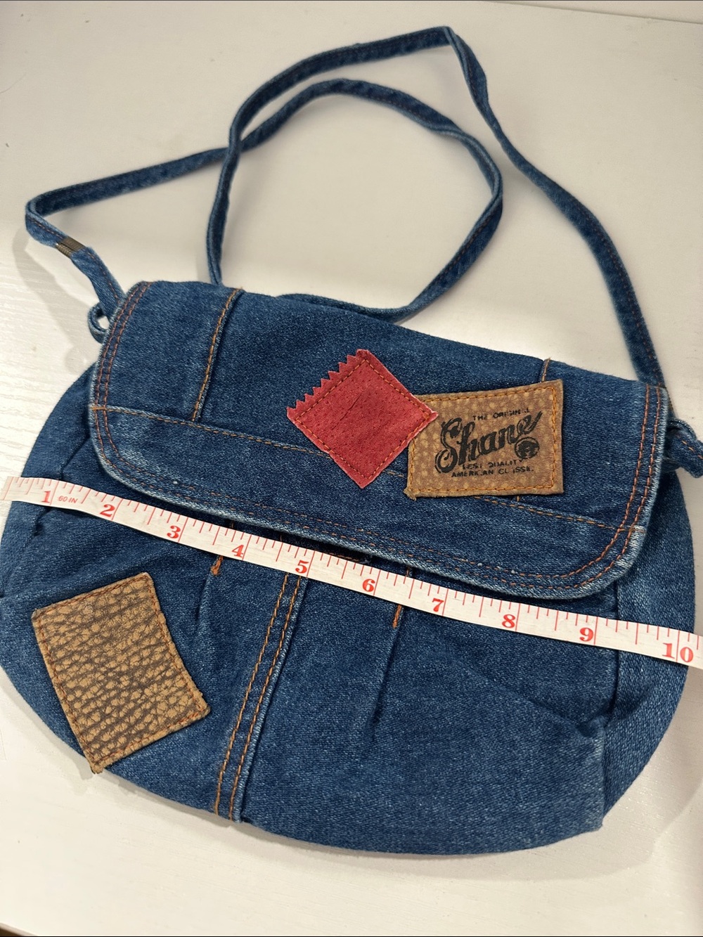 Vintage SHANE Denim Crossbody Bag with Red and Brown Patch Accents